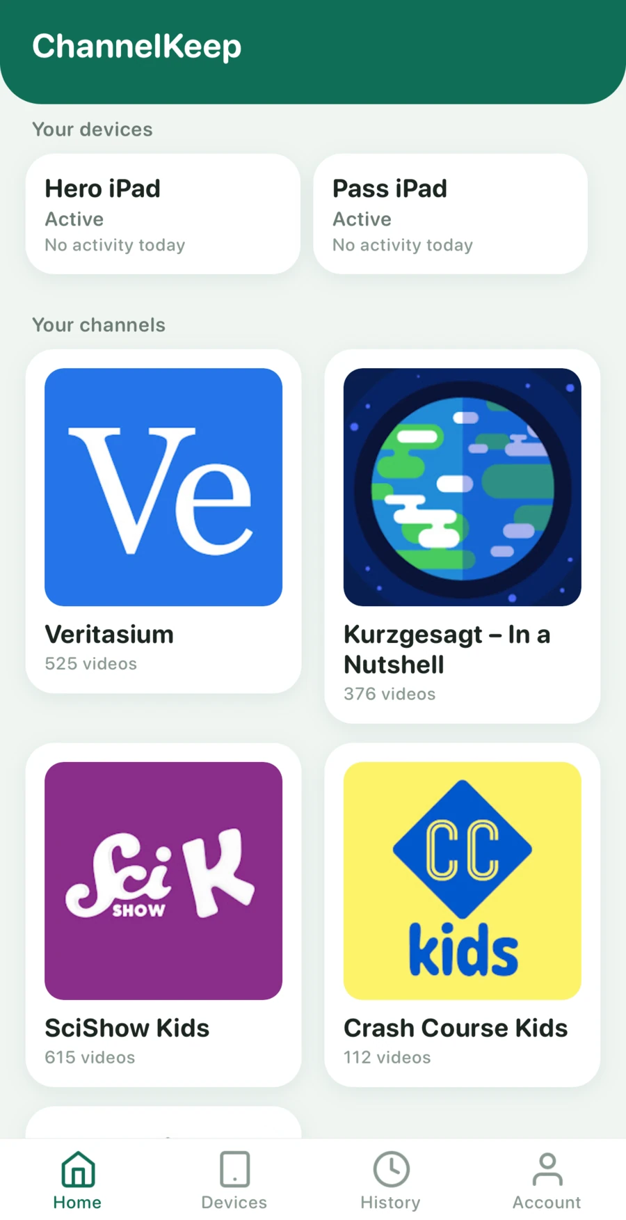 The parent app on a phone: the family's channel list and each device's day
